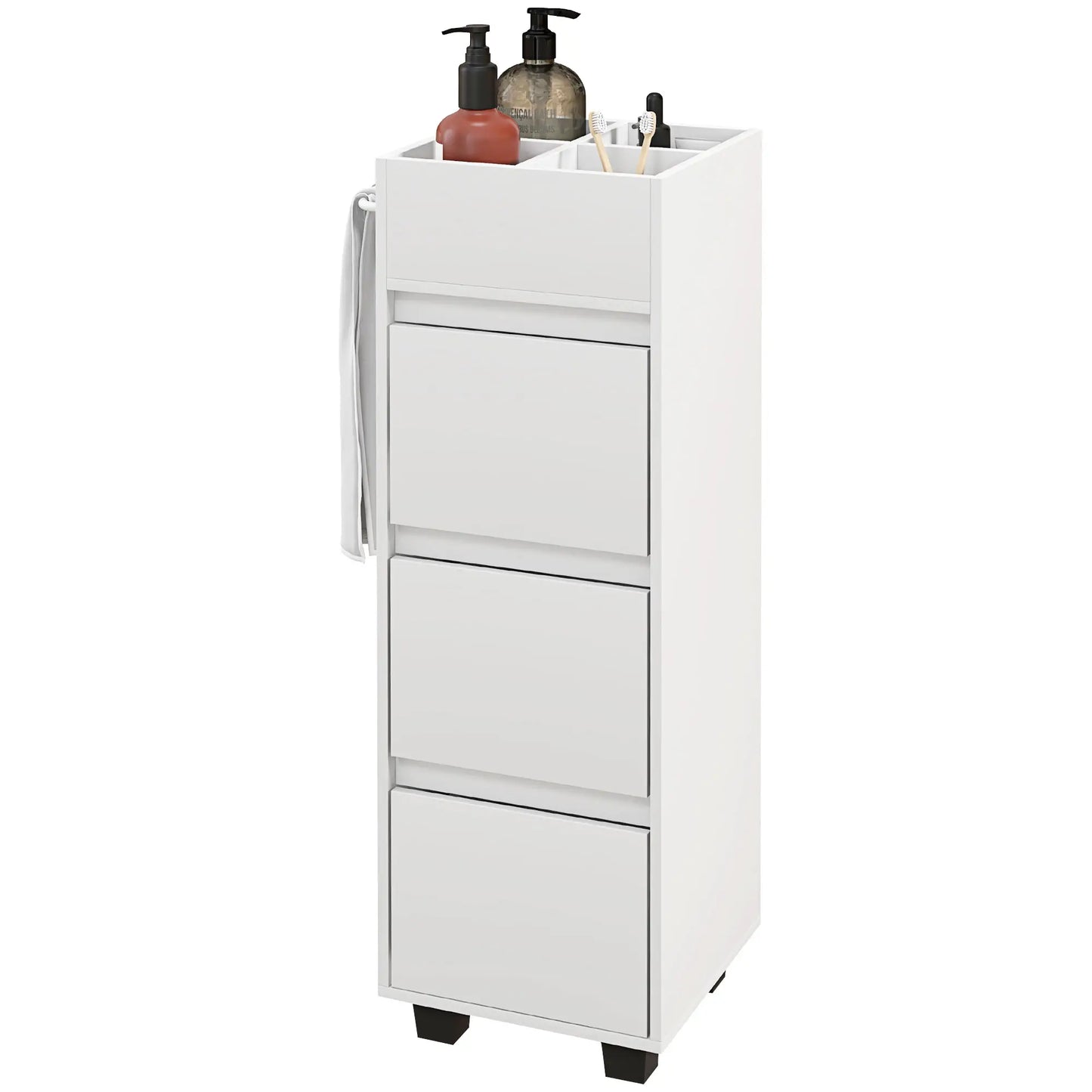 Slim Bathroom Cabinet, 4 Compartments, 3 Drawers, Towel Rack, White