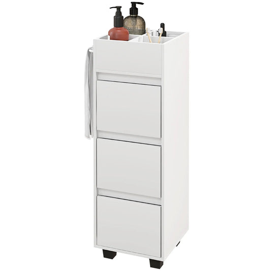 Slim Bathroom Cabinet, 4 Compartments, 3 Drawers, Towel Rack, White Freestanding Bathroom Cabinets White at Gallery Canada
