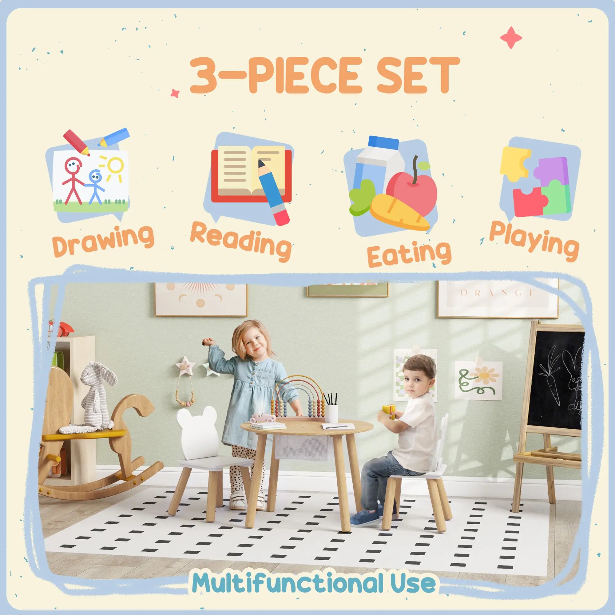 Kids Table and Chair Set, 3 Pieces, Bear-Shaped Chairs, Mesh Bag Kids Table Sets at Gallery Canada