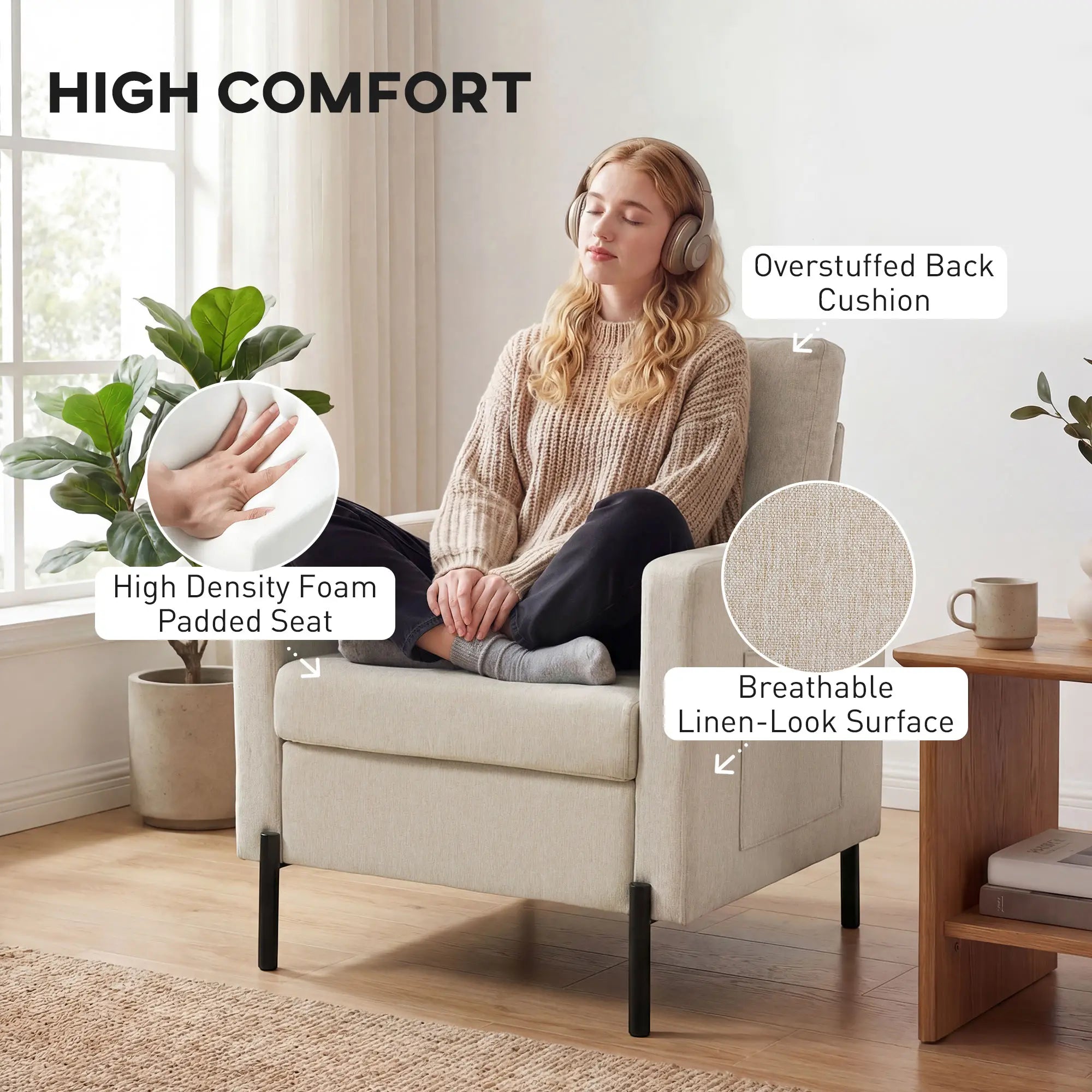 Modern Upholstered Armchair With Side Pockets, Cushion, Beige Accent Chairs at Gallery Canada