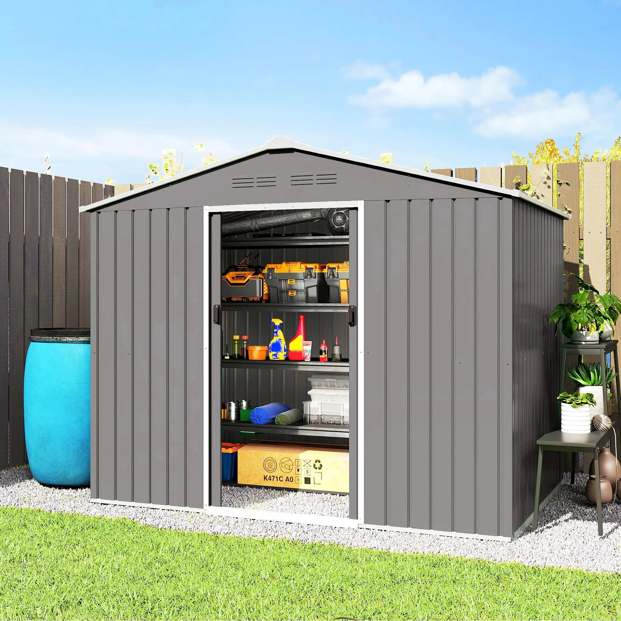 8' x 6' Metal Outdoor Storage Shed, Lockable Sliding Doors, Light Grey Sheds at Gallery Canada