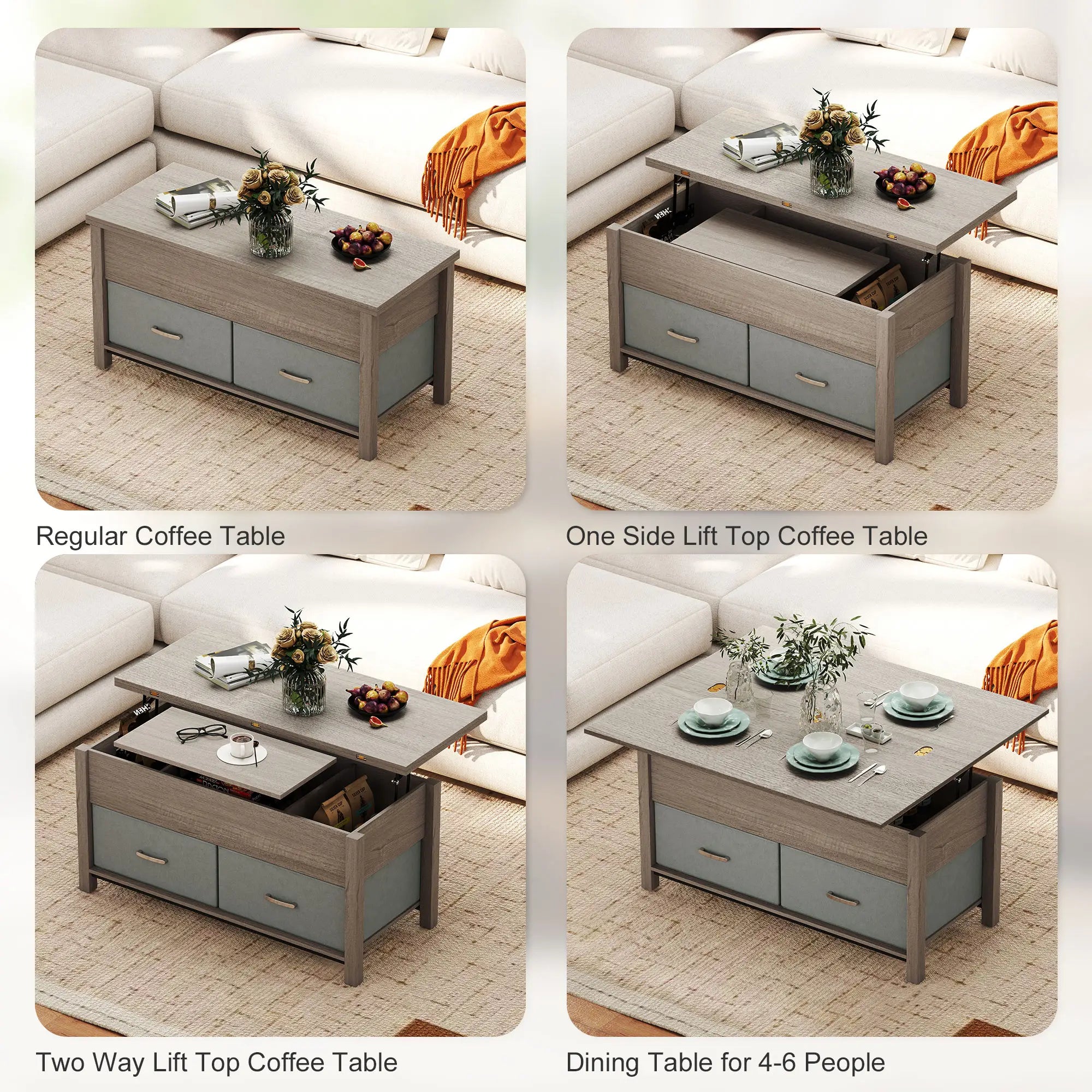 Lift Top Coffee Table, 3 Hidden Compartments, 2 Fabric Drawers, Expandable Top, Charging Station Coffee Tables at Gallery Canada