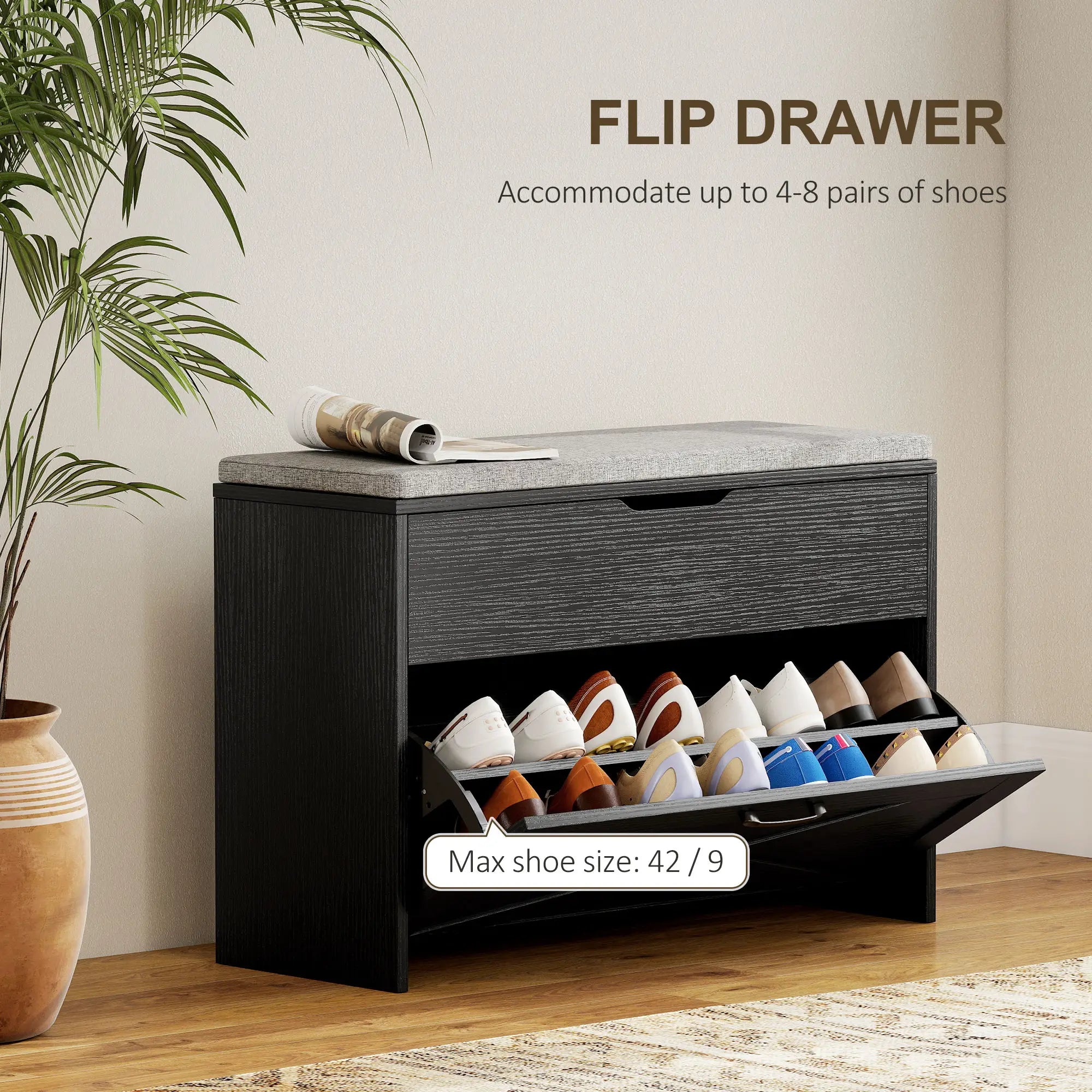 Shoe Storage Bench with Flip Drawer, Lift Top, Seat Cushion, Black Shoe Storage Cabinets & Racks at Gallery Canada