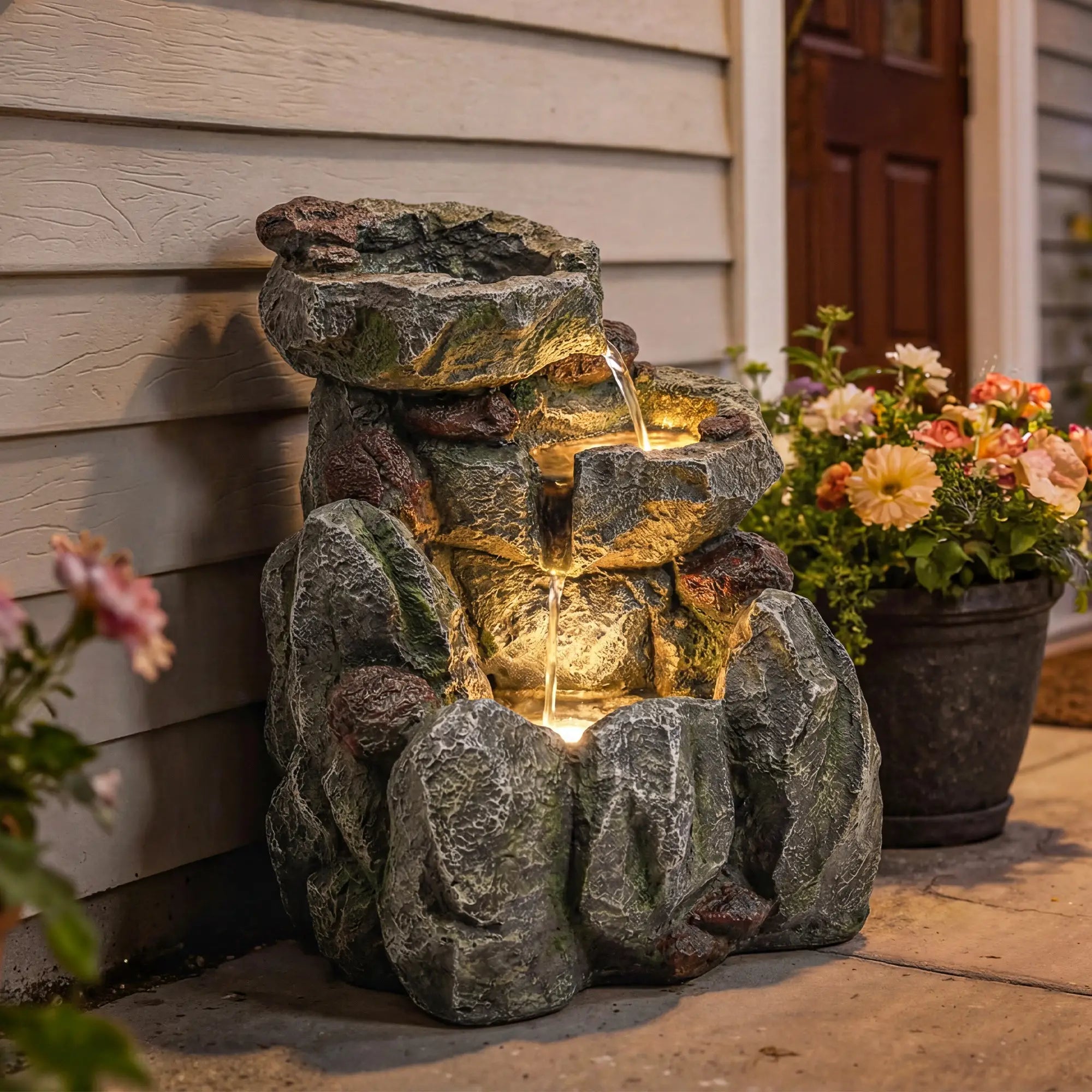 Outdoor Fountain, LED Lights, Adjustable Flow, 3-Tier, Rustic Rock Look, Grey Water Fountains at Gallery Canada