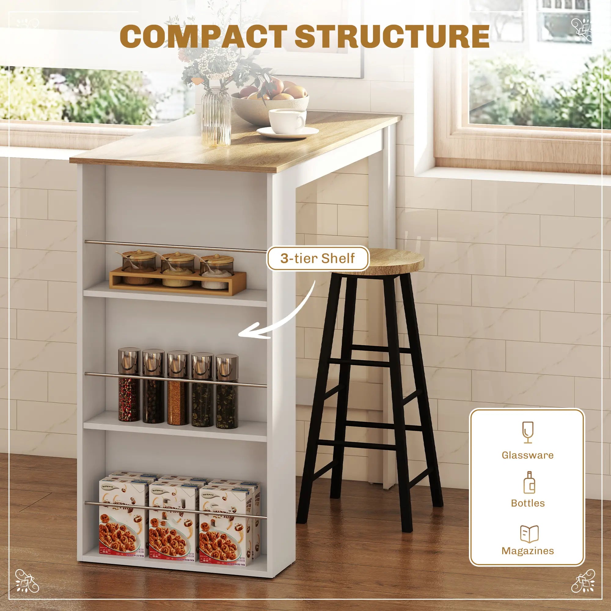 Modern Bar Table, 3 Storage Shelves, Kitchen Dining Room, White Bar Tables & Dining Tables at Gallery Canada