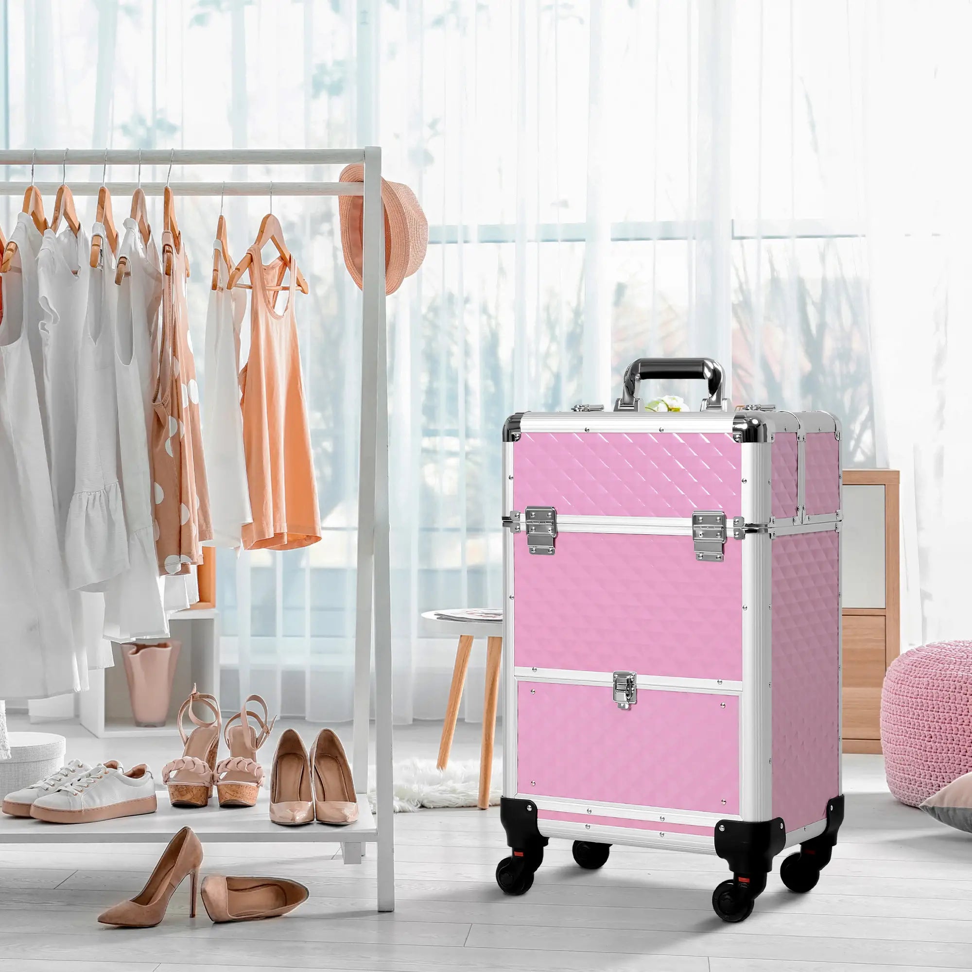 Portable Aluminum Makeup Train Case, Rolling Cosmetic Organizer, 4 Wheels, Pink Makeup Cases at Gallery Canada