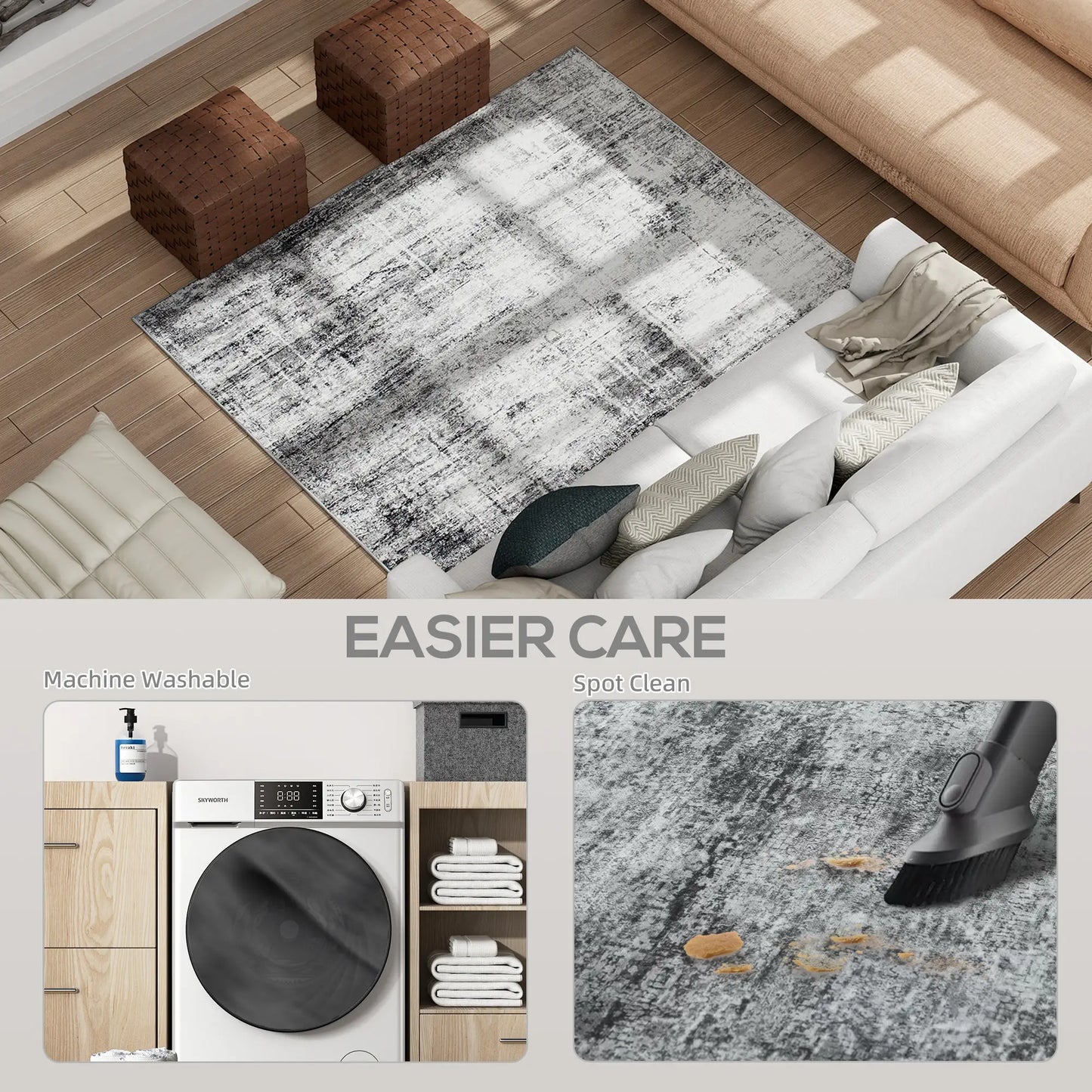 Modern Abstract Area Rug 5x7, Machine Washable, Non-Slip, Grey Living Room Furniture at Gallery Canada