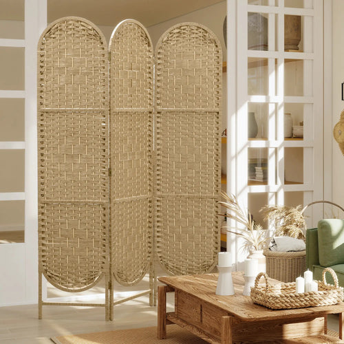 3 Panel Bohemian Privacy Screen, Arched Top Room Divider, Natural Wood