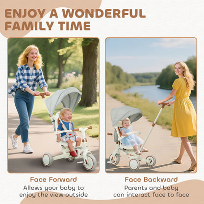 7 in 1 Toddler Tricycle, Safety Harness, Adjustable Parent Handle, Cream White Tricycles for Kids at Gallery Canada