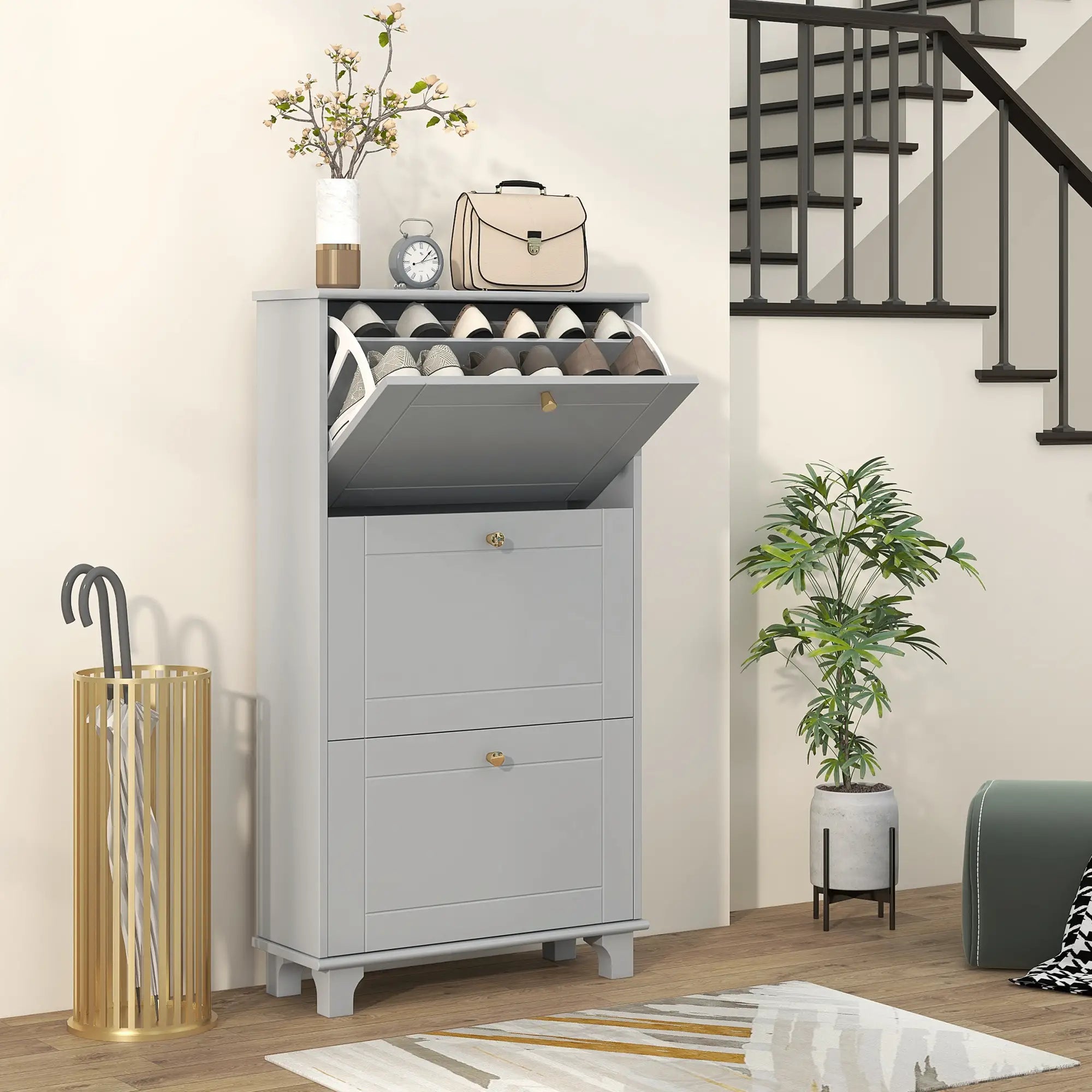 Narrow Shoe Storage, 3 Flip Drawers, Adjustable Shelves, Holds 12 Pairs, Grey Shoe Storage Cabinets & Racks at Gallery Canada