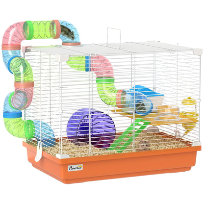 18"L Hamster Cage, 2-Level Small Animal House With Tube System, Orange