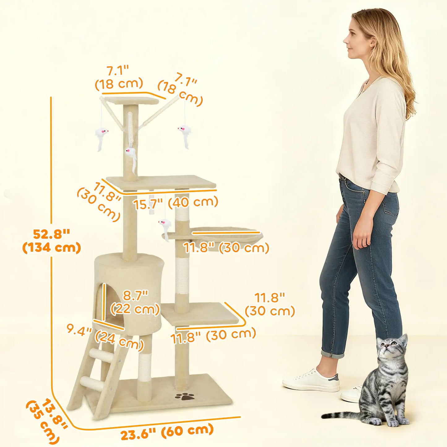 53 Inch Cat Tree Tower, Kitten Activity Centre, Beige Cat Towers at Gallery Canada