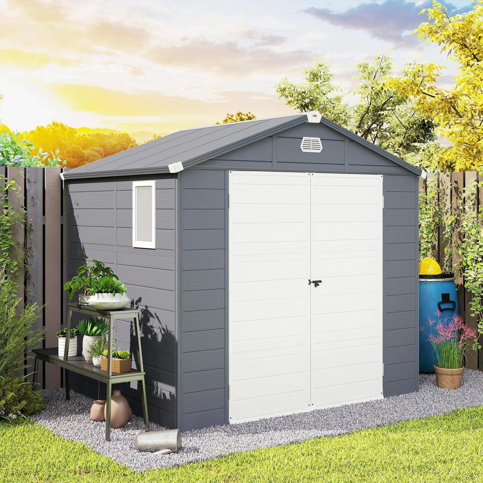 Small Garden Shed, Latch Door, Vents, Sloped Roof, 8x6, Light Grey Sheds at Gallery Canada