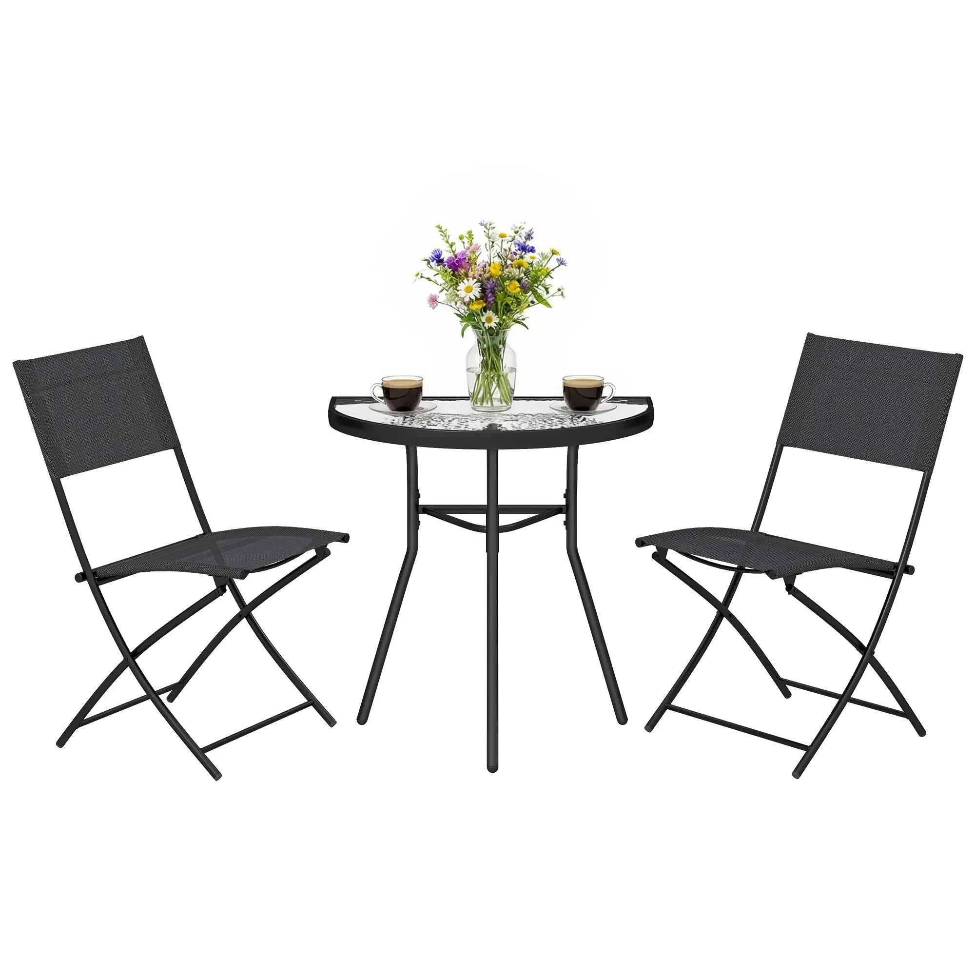 3-Piece Patio Bistro Set, Folding Chairs, Glass Table, Black Bistro Sets at Gallery Canada