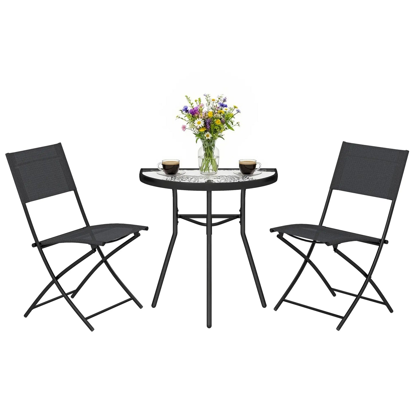 3-Piece Patio Bistro Set, Folding Chairs, Glass Table, Black Bistro Sets at Gallery Canada