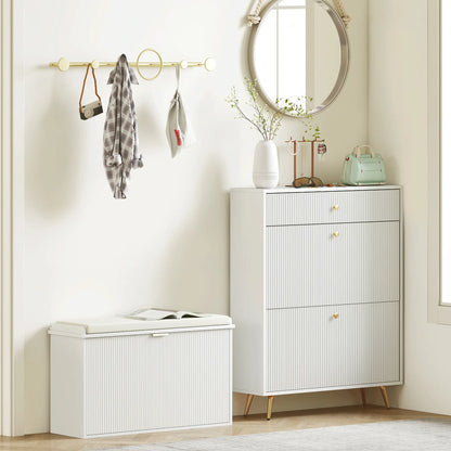 Entryway Bench with Padded Seat, Flip-Drawers, Holds 265lbs, Shoe Storage for 8 Pairs, White Shoe Storage Cabinets & Racks at Gallery Canada