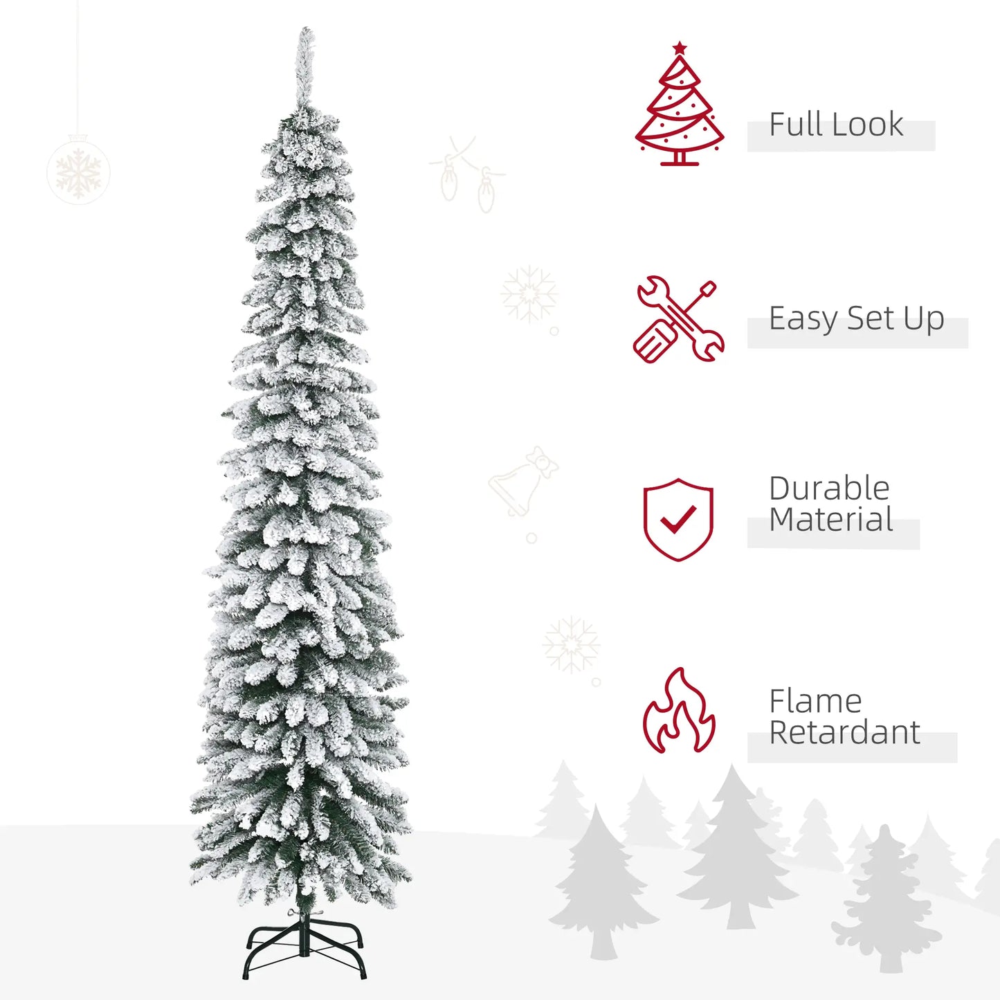 7ft Snow-Flocked Artificial Christmas Tree, Slim Pencil, 490 Branches, Metal Base, Green Pencil Christmas Trees at Gallery Canada