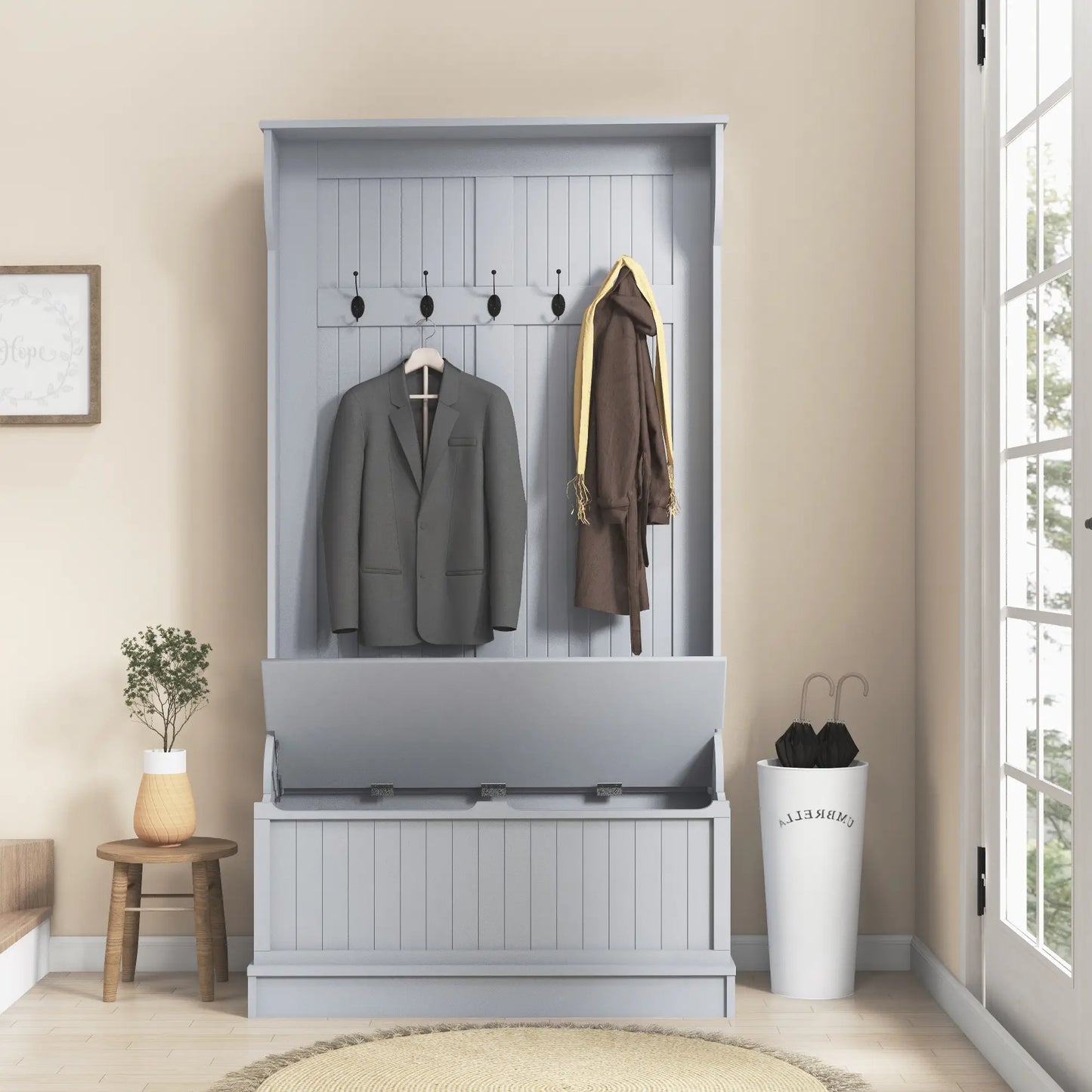 3-In-1 Entryway Hall Tree, Coat Rack, Bench, Shoe Storage, 5 Hooks, Grey Clothing Storage at Gallery Canada
