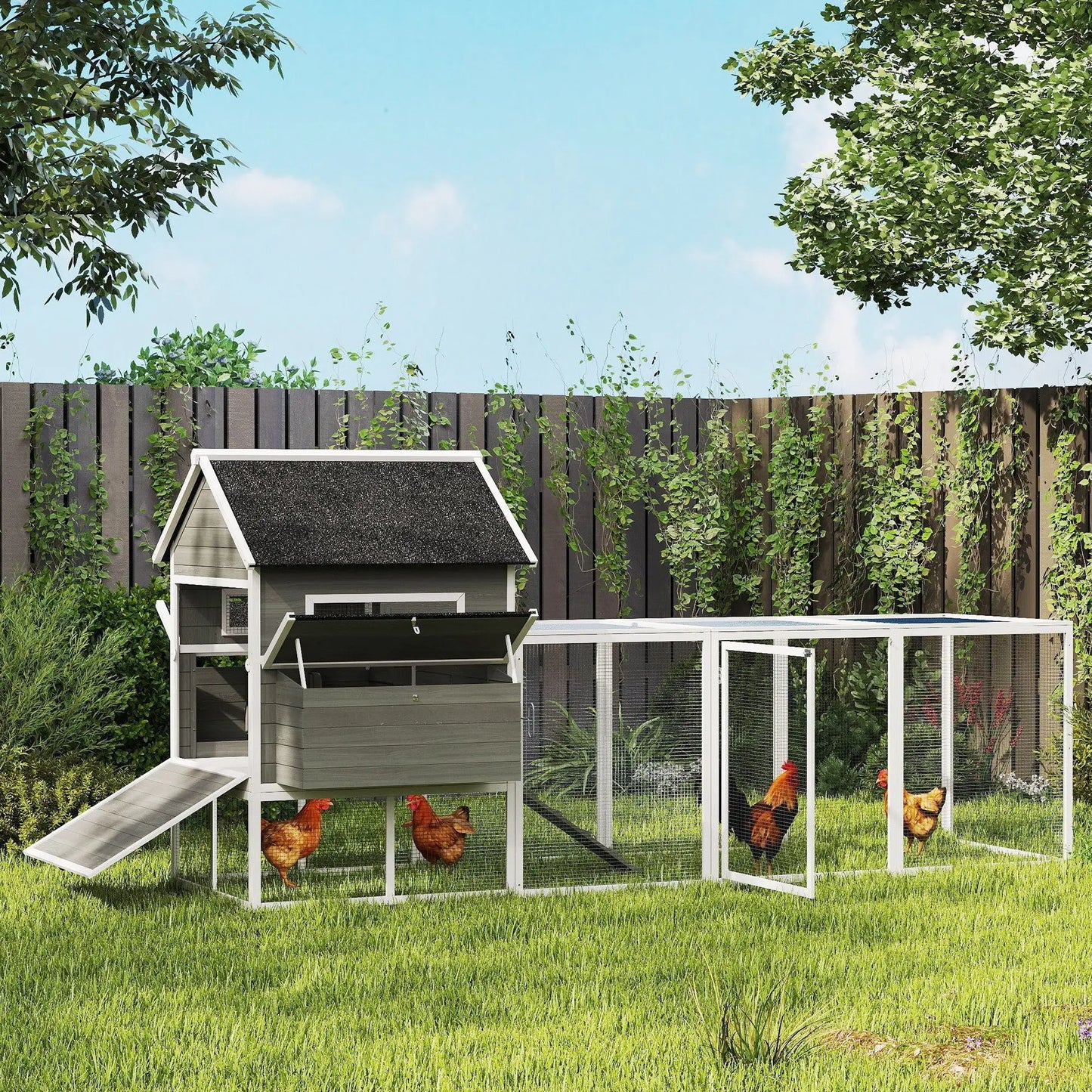 Wooden Chicken Coop With Run, Nesting Box, 137", Dark Grey Chicken Coops at Gallery Canada