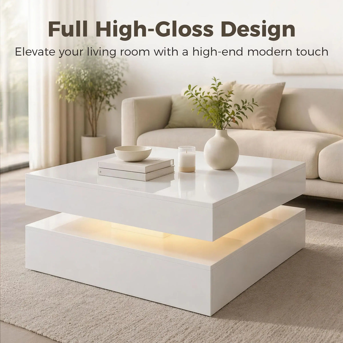 LED Coffee Table with Storage, 2-Tier Modern Center Table with Open Shelf and Remote for Living Room, High Gloss White Coffee Tables at Gallery Canada