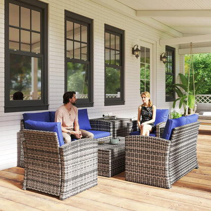 6-Piece Wicker Patio Set with Cushions, 7-Seater Rattan Sofa, Navy Blue Patio Furniture Sets at Gallery Canada