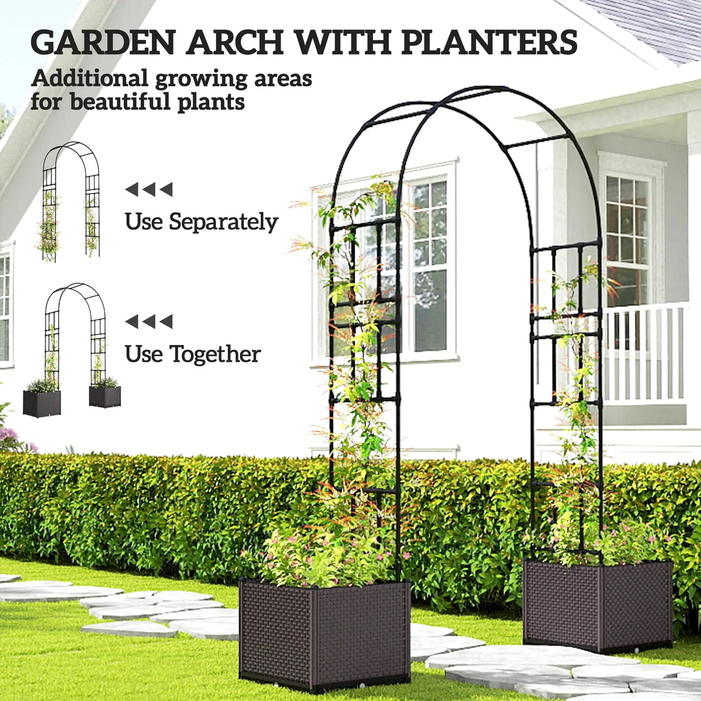 8ft Garden Arch with Planters, Steel Trellis Arbor, Brown, Black Garden Arches at Gallery Canada