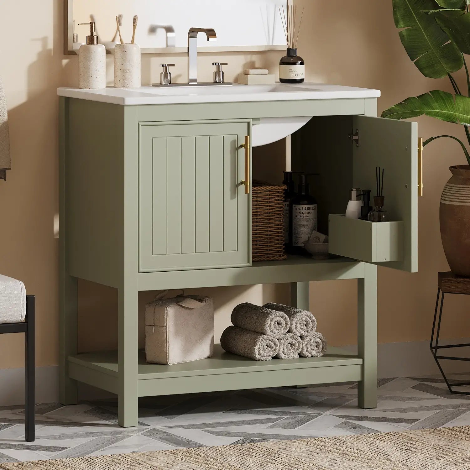 Bathroom Vanity with Ceramic Sink, Soft Close Doors, 30