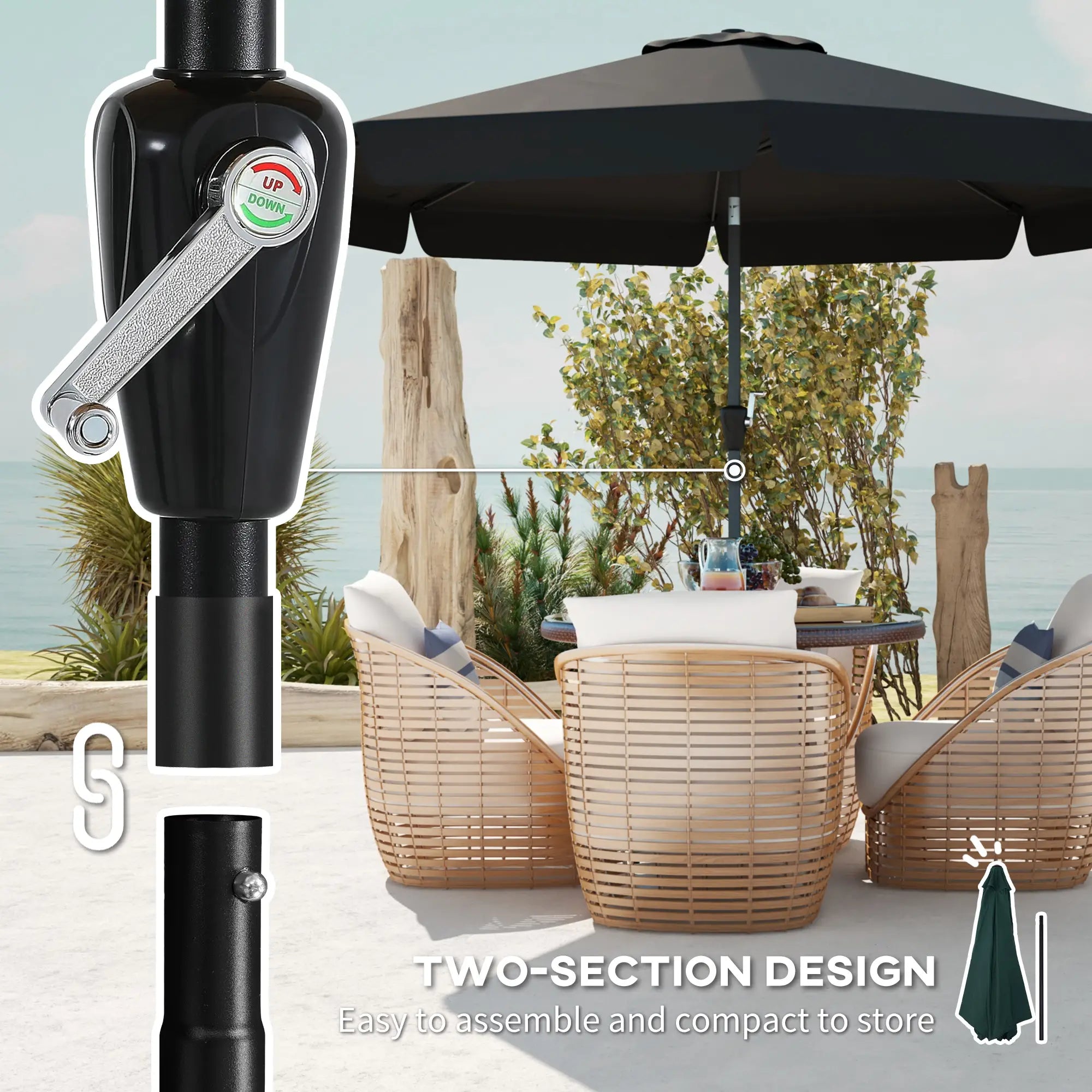8.5 ft Round Patio Umbrella, Tilt and Crank, Black Sun Umbrellas at Gallery Canada