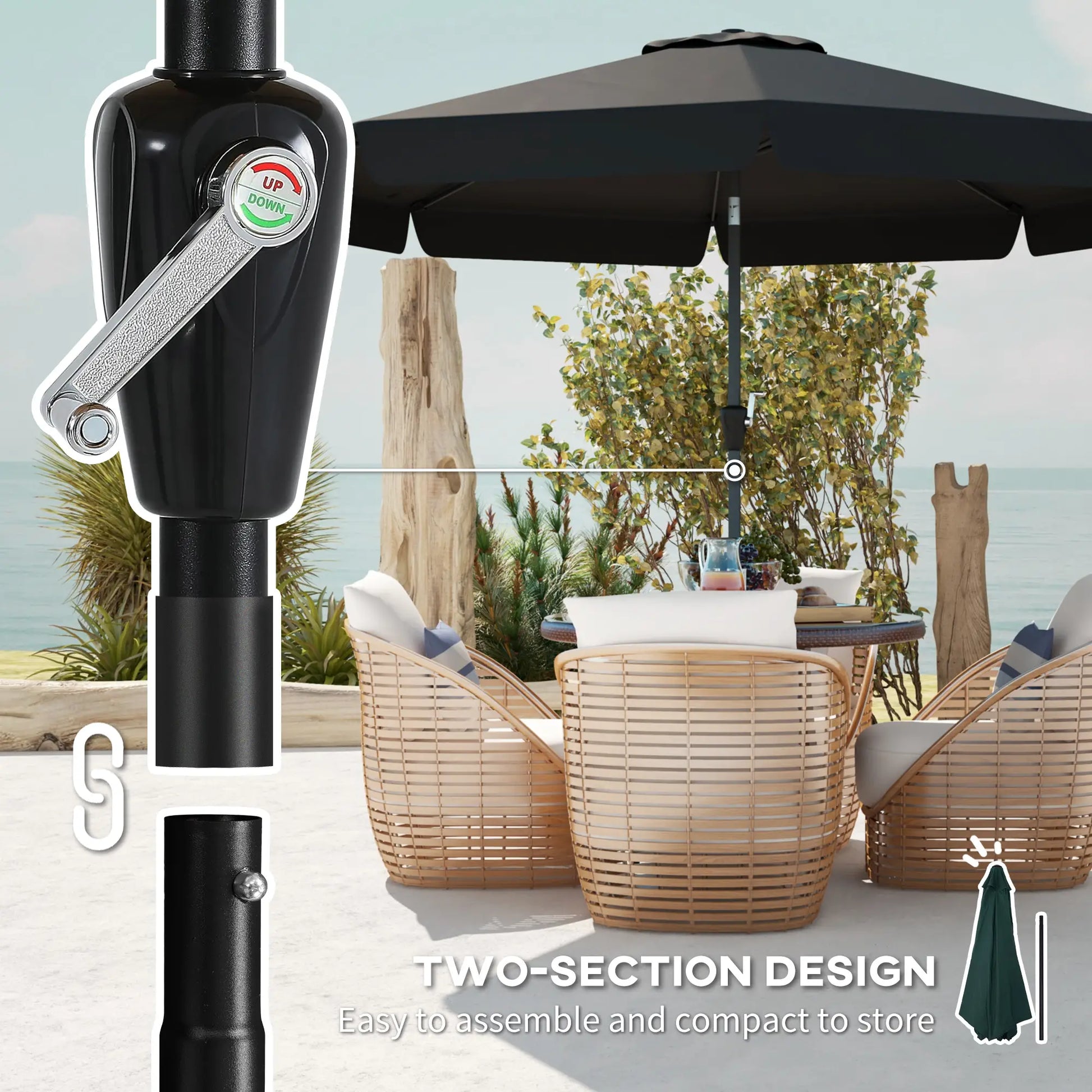 8.5 ft Round Patio Umbrella, Tilt and Crank, Black Sun Umbrellas at Gallery Canada