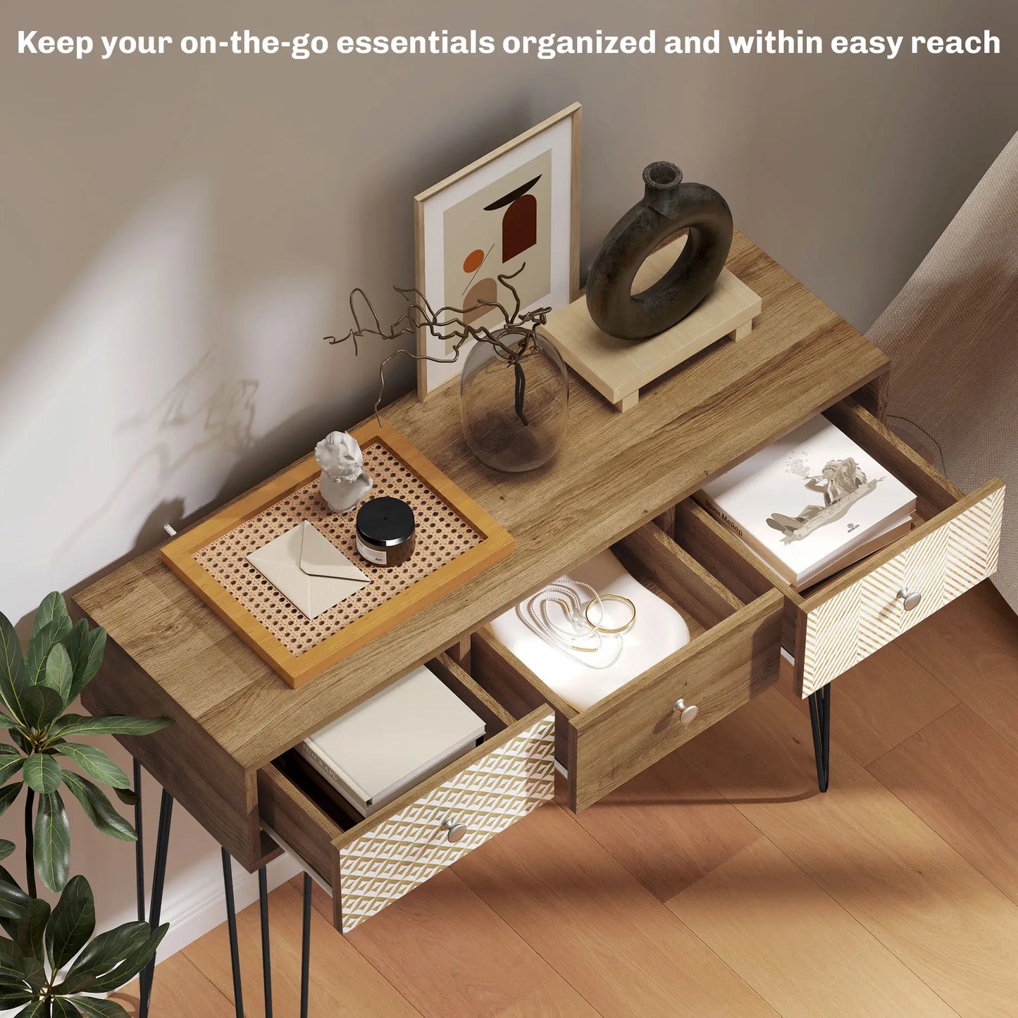 Narrow Console Table with Drawers, 35", Hairpin Legs, Brown Console Tables at Gallery Canada