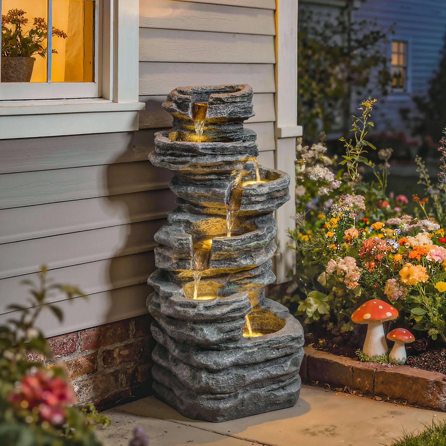 Outdoor 6-Tier Water Fountain, Waterfall With LED Lights, Resin Feature, Grey Water Fountains at Gallery Canada