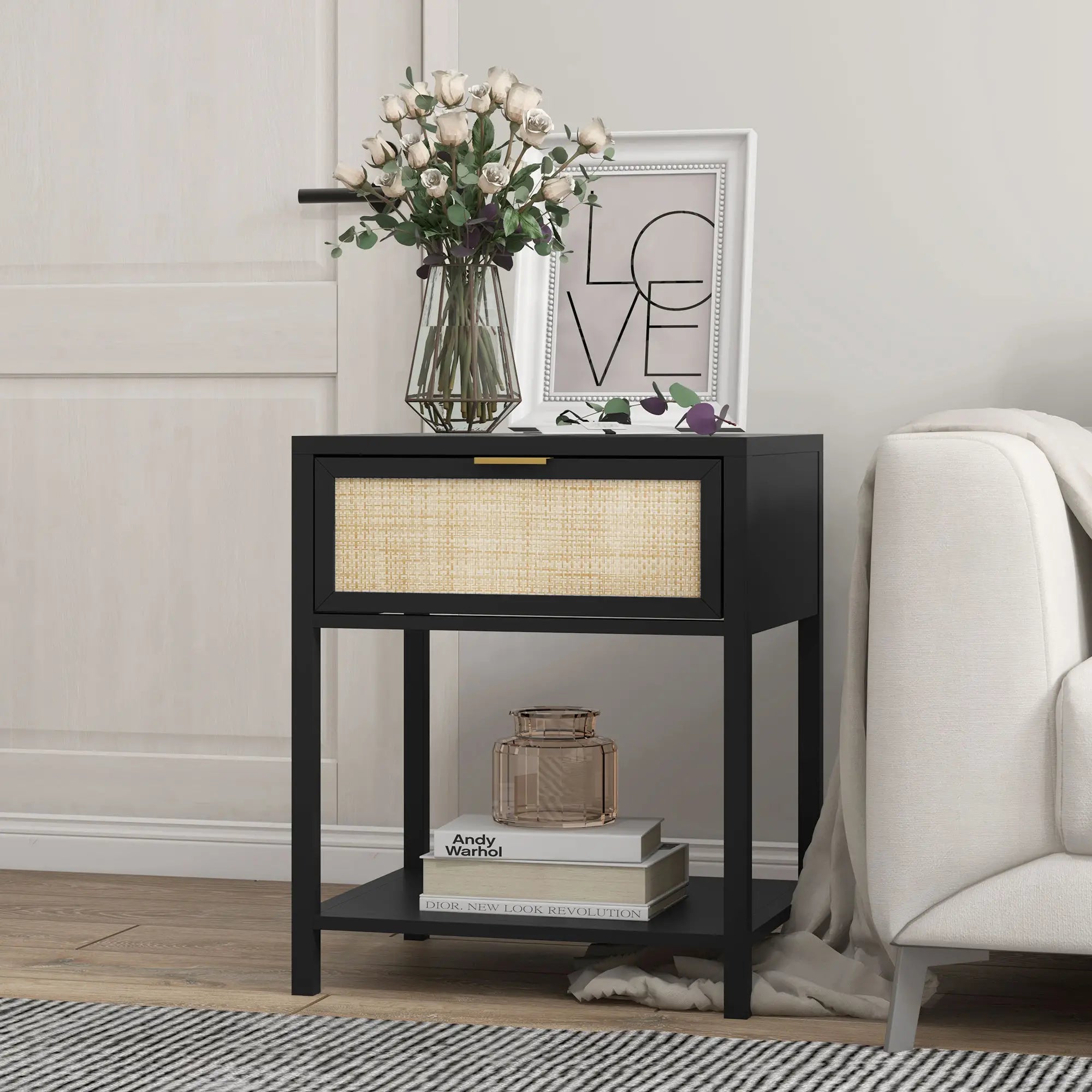 Boho Nightstand, Rattan Drawer, Open Shelf, Bedside Table, Black Bedside Tables at Gallery Canada