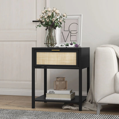 Boho Nightstand, Rattan Drawer, Open Shelf, Bedside Table, Black Bedside Tables at Gallery Canada