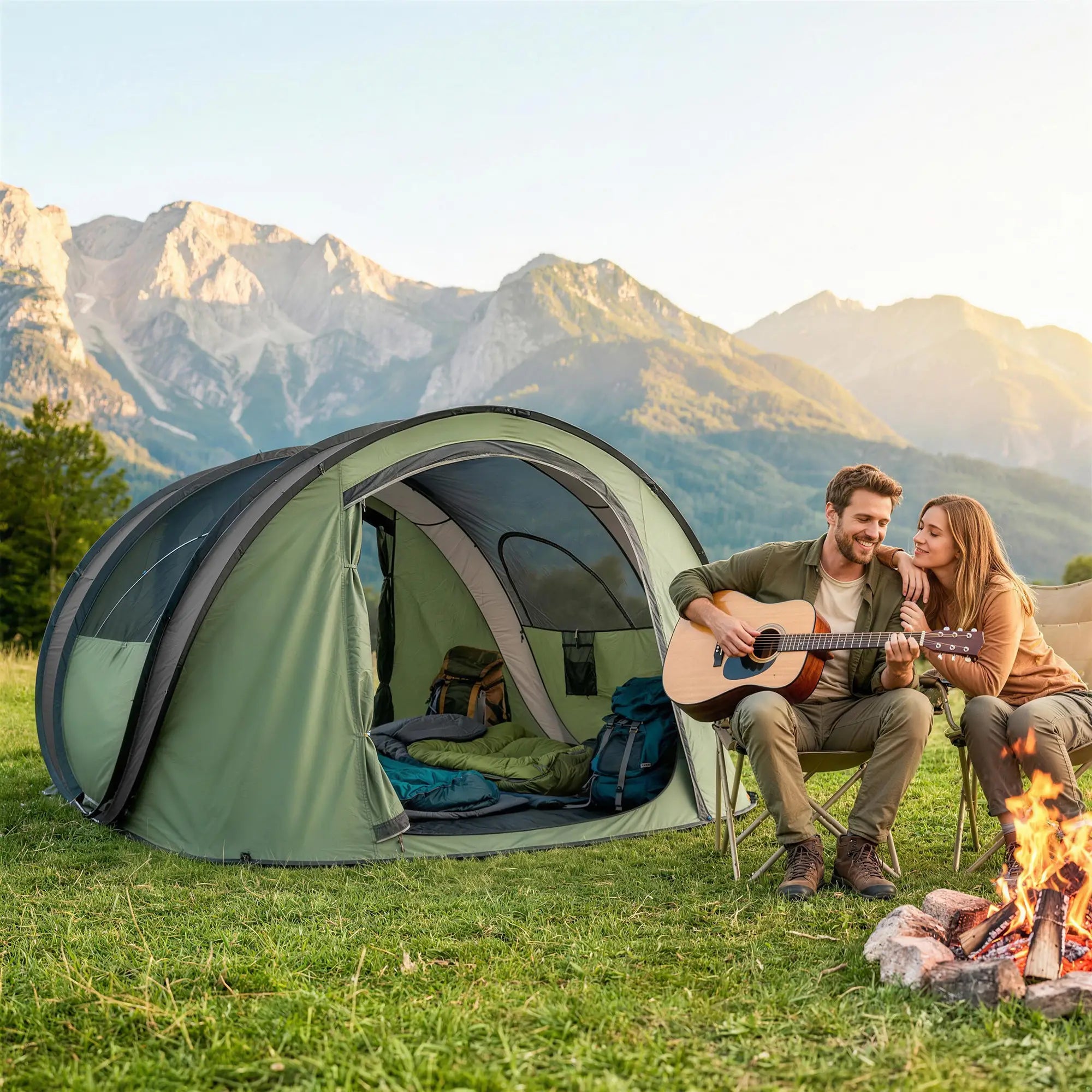 4-5 Person Pop-Up Camping Tent, Waterproof, 2 Doors 2 Windows, Green Camping Tents at Gallery Canada
