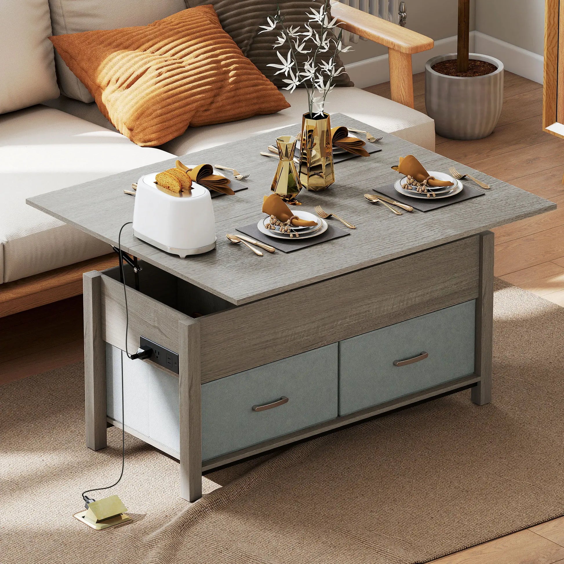 Lift Top Coffee Table, 3 Hidden Compartments, 2 Fabric Drawers, Expandable Top, Charging Station Coffee Tables at Gallery Canada
