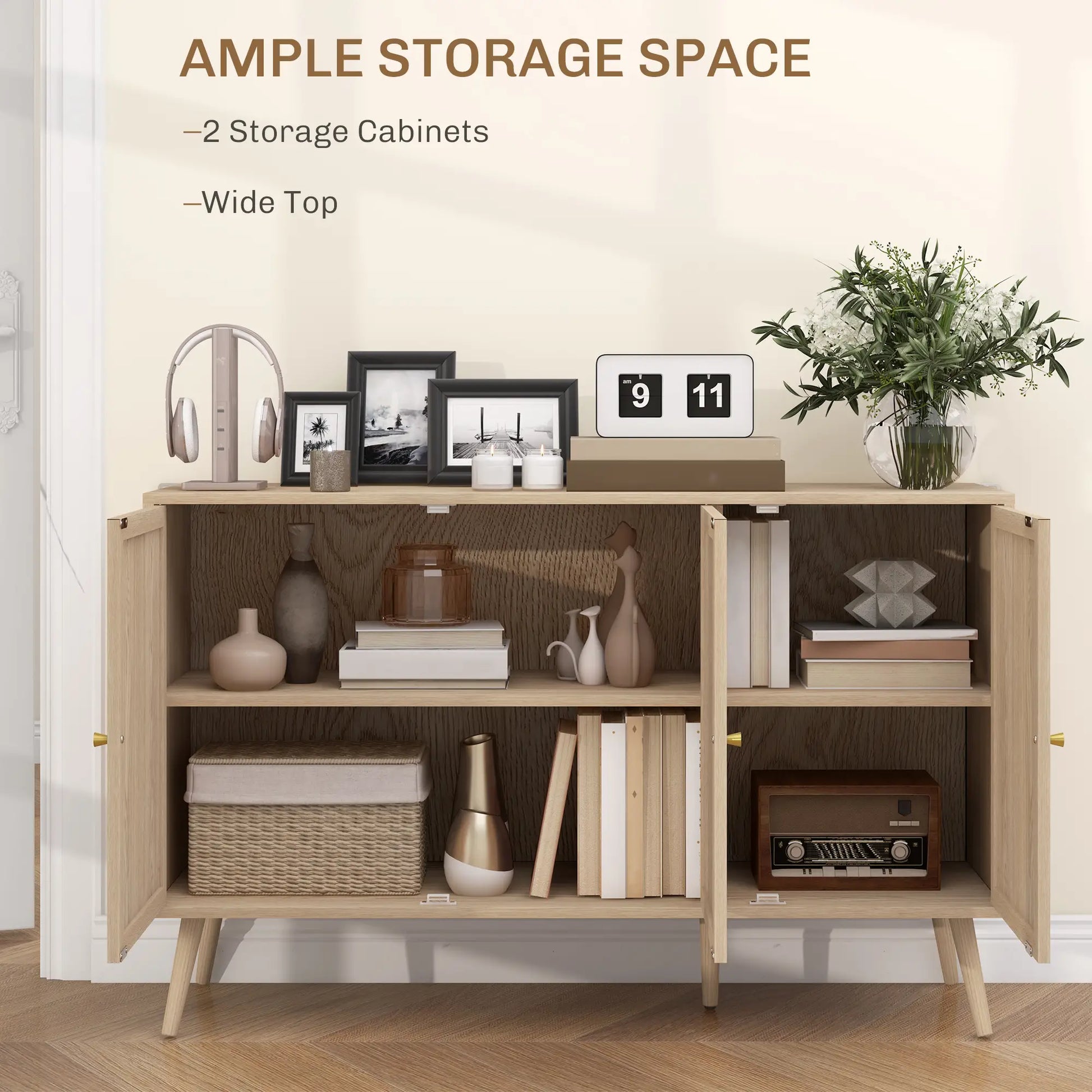 Boho Kitchen Sideboard Cabinet, Shelves, Wood Legs, Rattan Doors, Natural Storage Cabinets at Gallery Canada