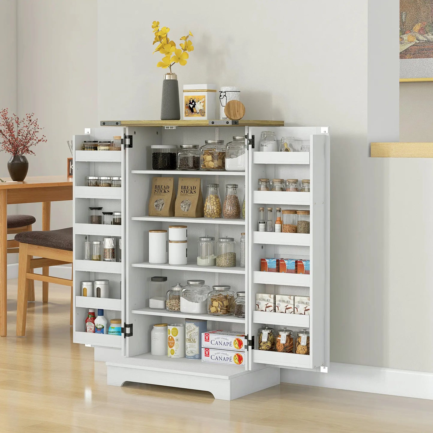 Farmhouse Kitchen Pantry Cabinet, Adjustable Shelves, White Cream Kitchen Pantry Cabinets at Gallery Canada