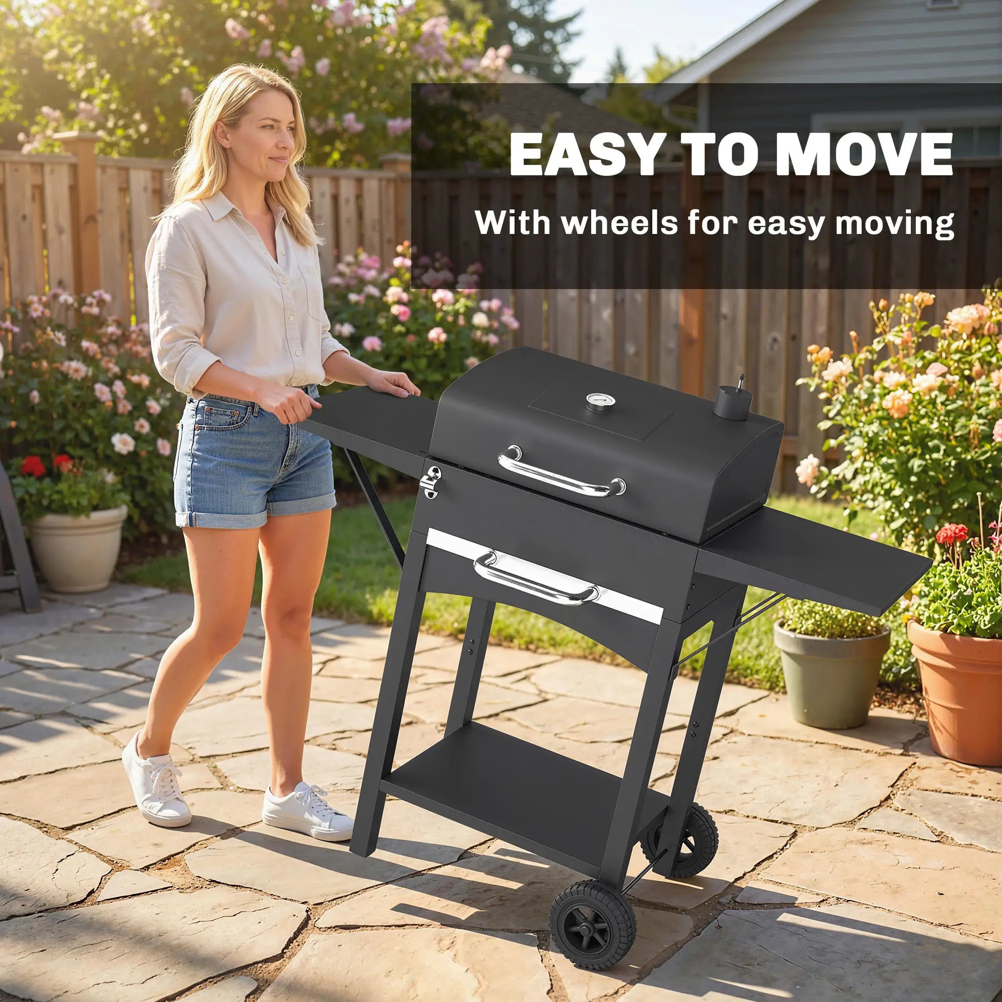 Charcoal Grill With Side Tables, Barbecue Smoker With Thermometer, 43.3