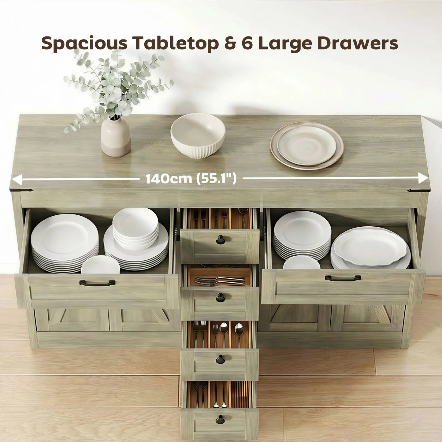 55" Farmhouse Sideboard Buffet Cabinet, 4 Barn Doors, 6 Drawers, Grey Bar Cabinets at Gallery Canada
