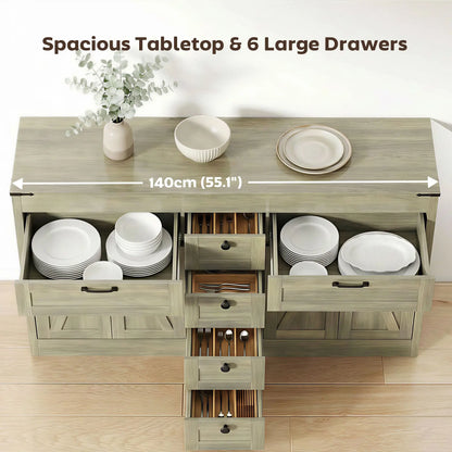 55" Farmhouse Sideboard Buffet Cabinet, 4 Barn Doors, 6 Drawers, Grey Bar Cabinets at Gallery Canada