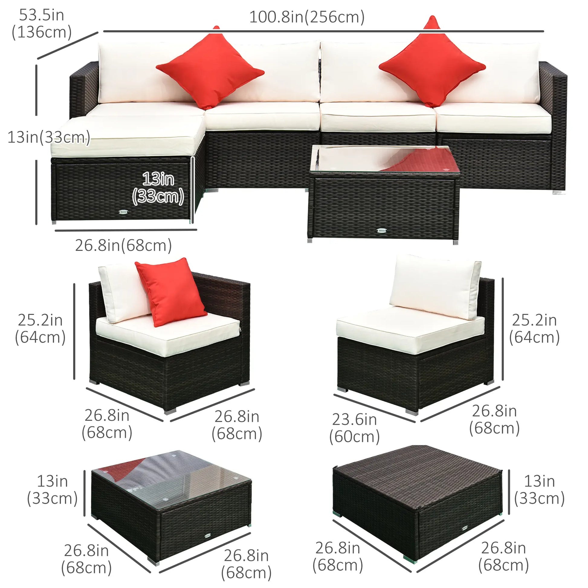 6-Piece Outdoor PE Rattan Sofa Set, Thick Cushions, Glass Top Table, Dark Coffee, Cream White Patio Furniture Sets at Gallery Canada