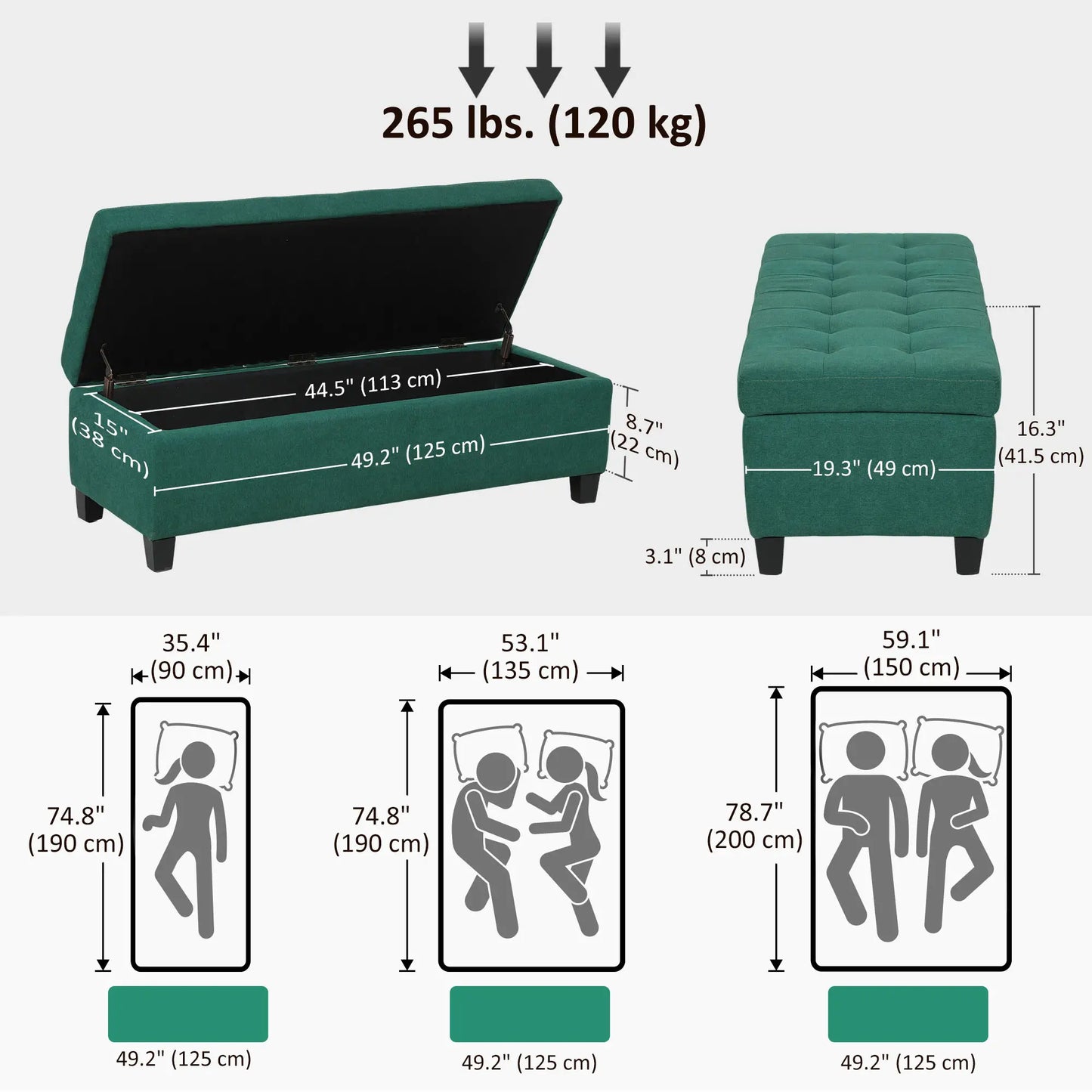 Banc d'entrée rectangulaire, rembourrage en lin matelassé, pieds en bois, vert foncé