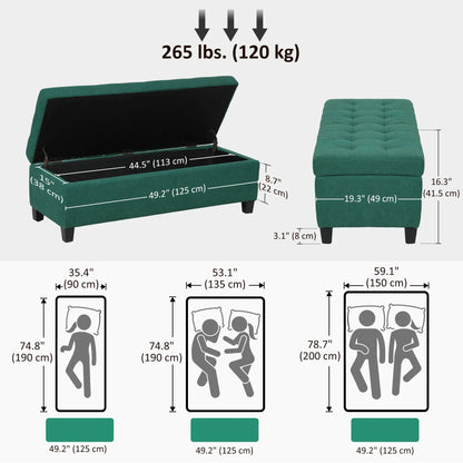 Banc d'entrée rectangulaire, rembourrage en lin matelassé, pieds en bois, vert foncé