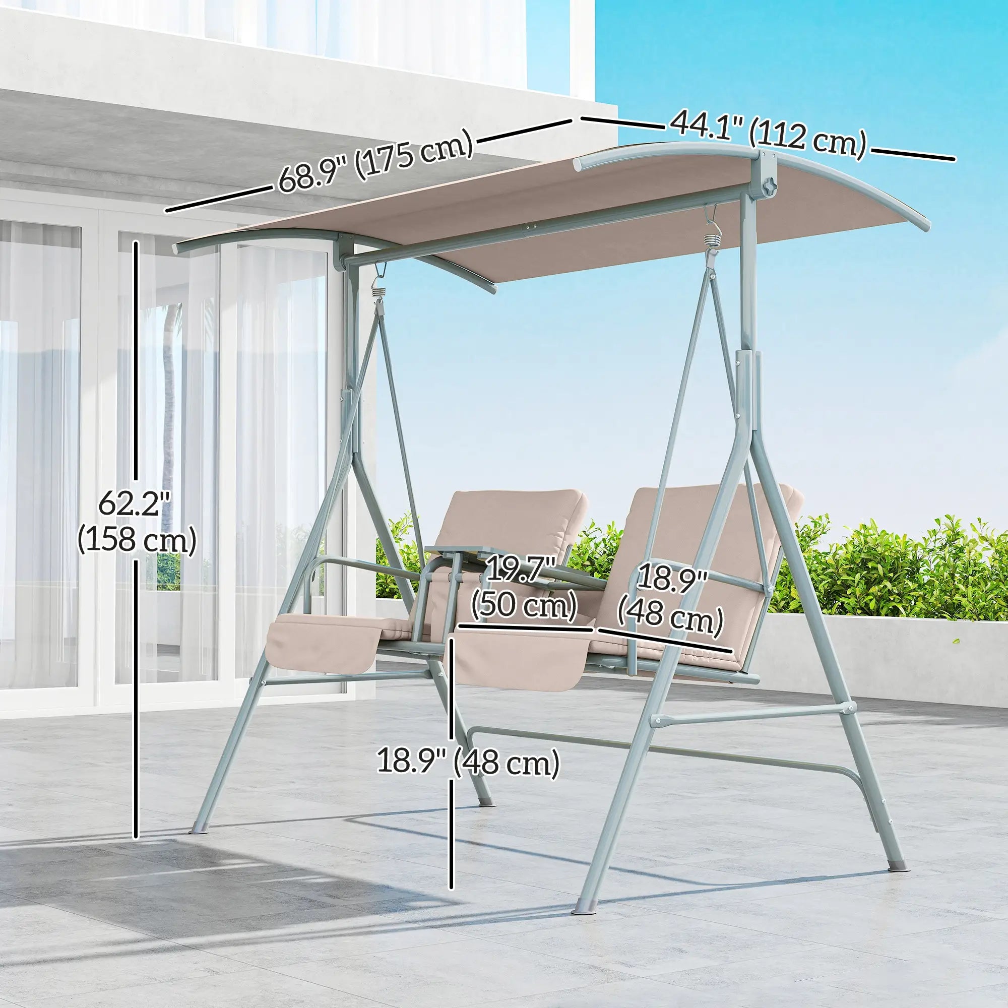 Double Outdoor Swing Chair, 2 Person, Covered, Beige Patio Swings with Stand at Gallery Canada