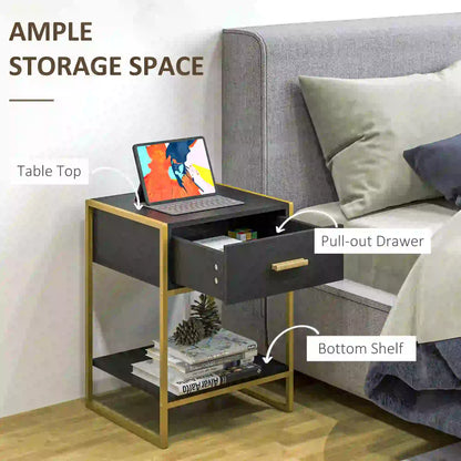 Modern Nightstand Set of 2, Small with Drawer, Shelf, Steel Frame, Black