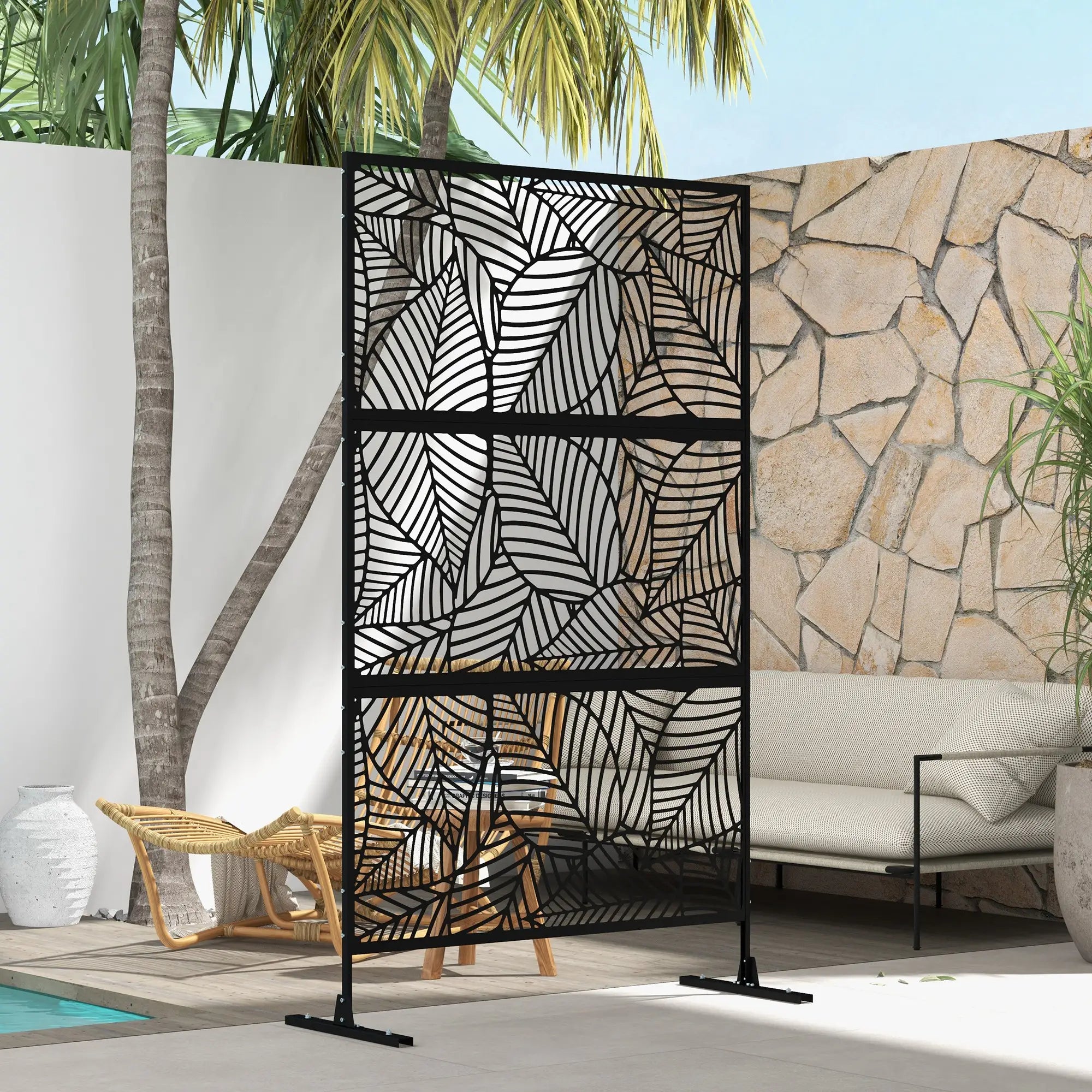 6.5FT Metal Privacy Screen, Large Leaf Style, Black Side Awnings at Gallery Canada