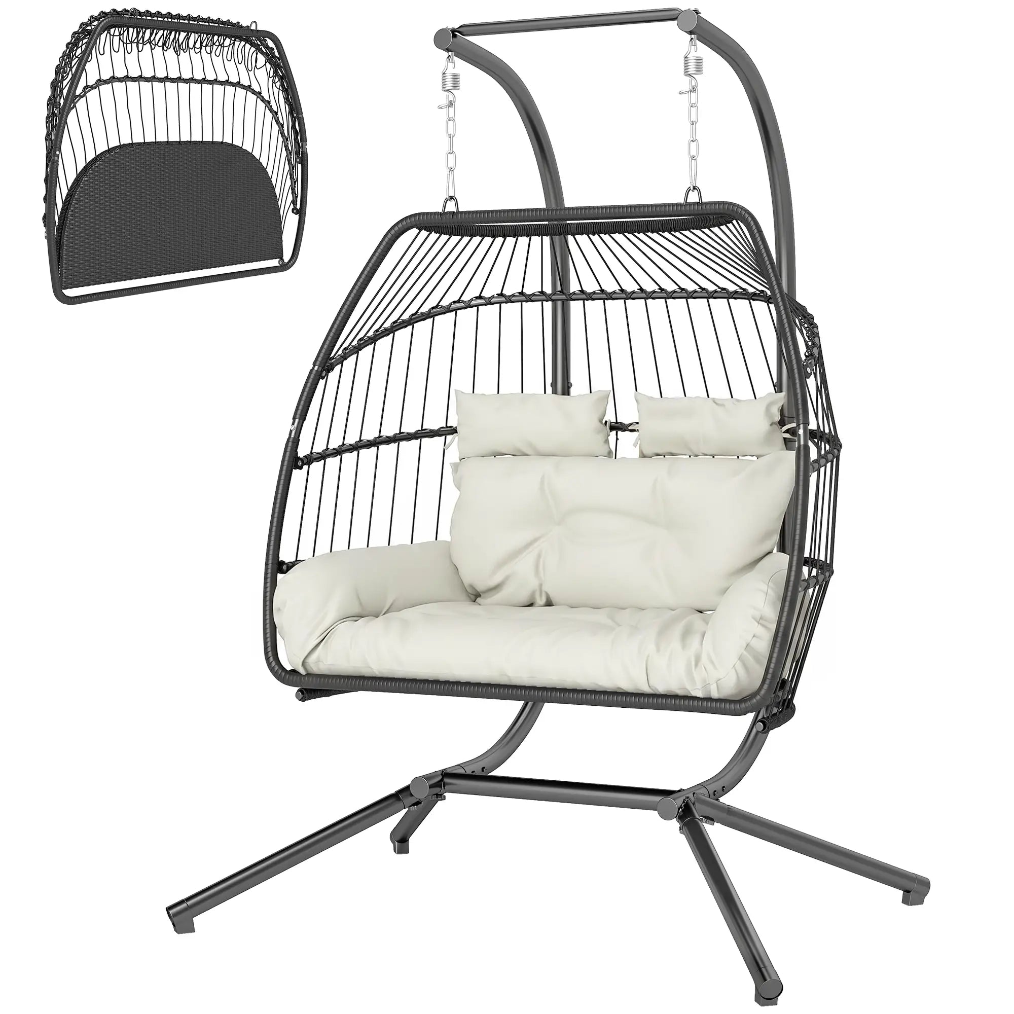 Double Wicker Egg Swing Chair, Foldable with Stand, UV Resistant Cushion, Cream White Patio Swings with Stand Cream at Gallery Canada