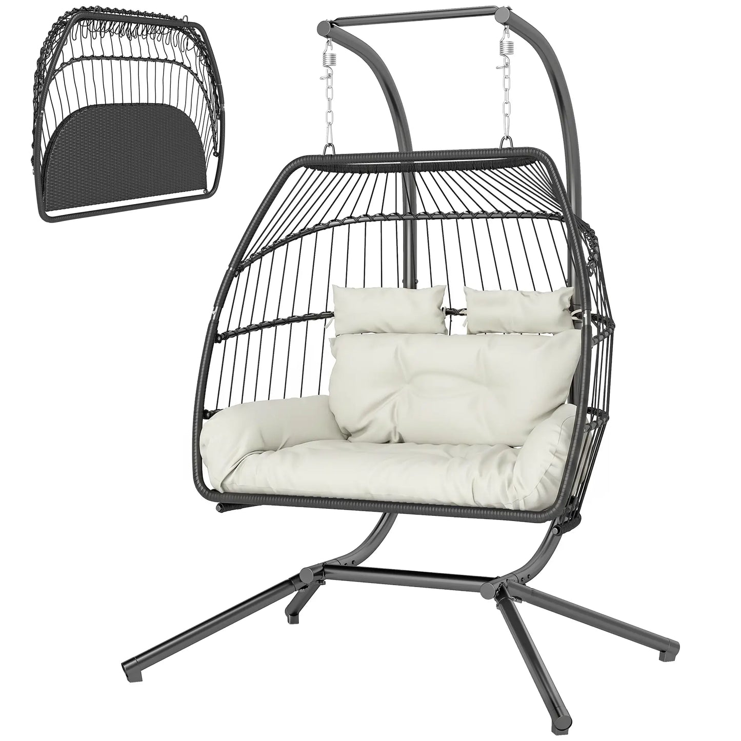 Double Wicker Egg Swing Chair, Foldable with Stand, UV Resistant Cushion, Cream White Patio Swings with Stand Cream at Gallery Canada
