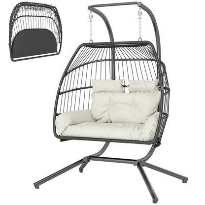 Double Wicker Egg Swing Chair, Foldable with Stand, UV Resistant Cushion, Cream White Patio Swings with Stand Cream at Gallery Canada