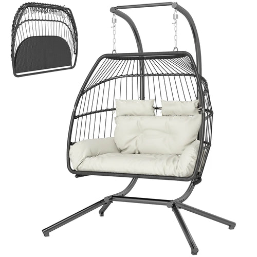 Double Wicker Egg Swing Chair, Foldable with Stand, UV Resistant Cushion, Cream White